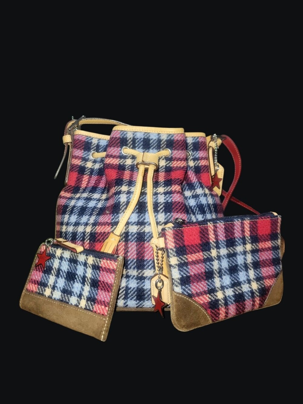 Coach Holiday Plaid Drawstring Bucket Bag (Style 7576) 2003